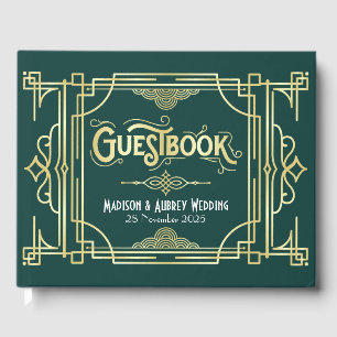 Art Deco Elegant Gold Green Gatsby 1920er Hochzeit Gästebuch