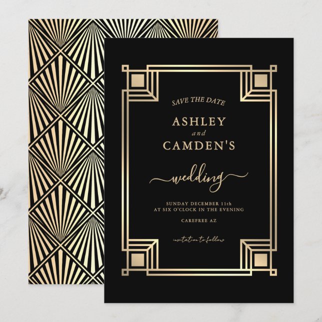 Art Deco Elegante Goldrahmen-Hochzeit Save The Date (Vorne/Hinten)