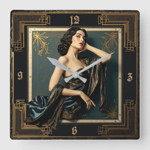 Art Deco Elegante Mädchen Quadratische Wanduhr