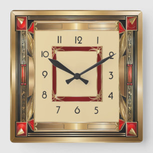 Art Déco - elegantes Rot und Gold Quadratische Wanduhr