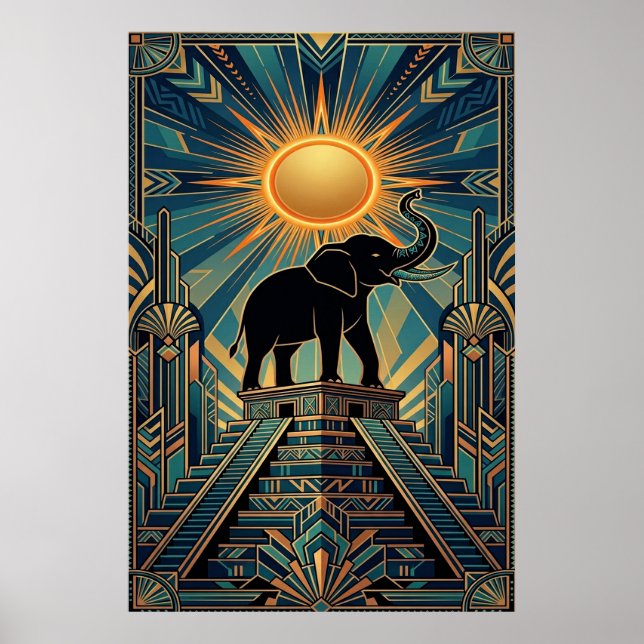 Art Deco Elephant Pyramid Golden Sunset Poster (Vorne)