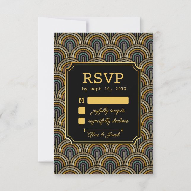 Art Deco Embroidered-Style Wedding RSVP Card (Devant)