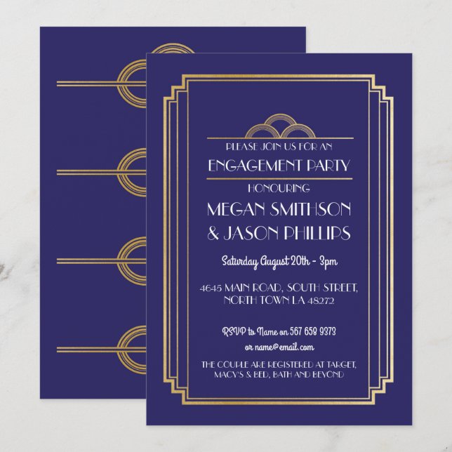 Art Déco Engagement Invitation Marine Gold 1920 (Devant / Derrière)