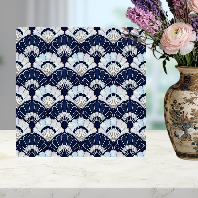 Art Deco Fächer Muster Navy Blau Perlmutt Silber Fliese (Von Creator hochgeladen)