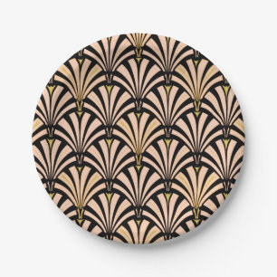 Art Deco Fächer-Muster - Pfirsich auf Schwarz Pappteller