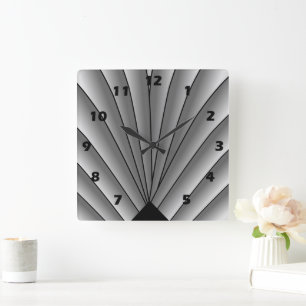 Art Deco Fan Design Grey Square Wall Clock Quadratische Wanduhr