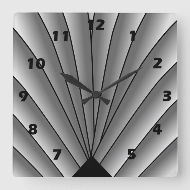 Art Deco Fan Design Grey Square Wall Clock Quadratische Wanduhr (Vorderseite)
