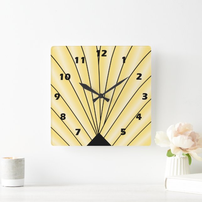 Art Deco Fan Design Yellow Square Wall Clock Quadratische Wanduhr (Zuhause)