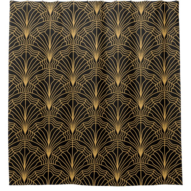 Art Deco Fan: Geometrisches, gelbes Schwarz Duschvorhang (Vorderseite)