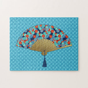 Art Deco Fan in einer Blume Muster, Türkis & Rot