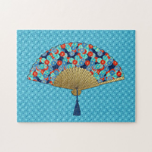 Art Deco Fan in einer Blume Muster, Türkis & Rot (Horizontal)