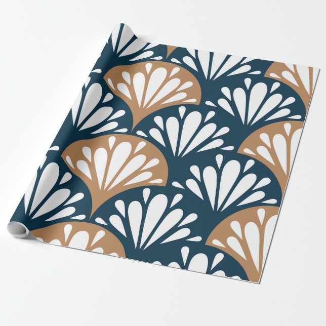 Art Deco Fan Muster Blue Brown Ornamental Geschenkpapier (Ungerollt)