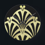 Art deco fan pattern black gold elegant vintage runde wanduhr<br><div class="desc">An art deco fan pattern in black and gold. An elegant vintage design.</div>