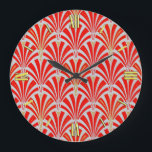 Art Deco fan pattern - red on pearl gray Große Wanduhr<br><div class="desc">Digital reproduction of a classic,  Art Deco wallpaper fan pattern - rich,  lipstick red on pearl gray,  embellished with gold</div>