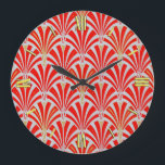 Art Deco fan pattern - red on pearl gray Große Wanduhr<br><div class="desc">Digital reproduction of a classic,  Art Deco wallpaper fan pattern - rich,  lipstick red on pearl gray,  embellished with gold</div>