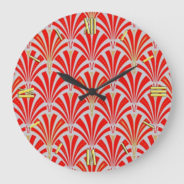 Art Deco fan pattern - red on pearl gray Große Wanduhr (Vorderseite)