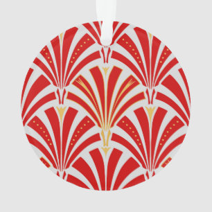 Art Deco Fanmuster - rot auf Perlengrau Ornament