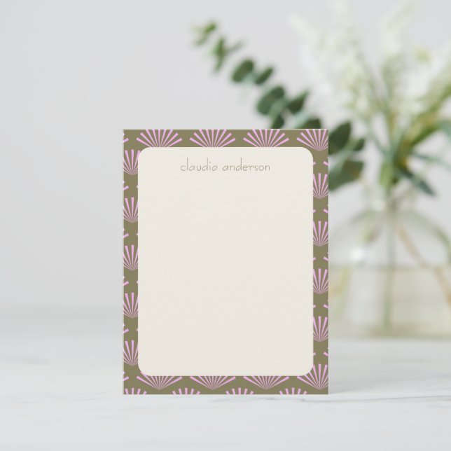 Art Deco Fans in Olive und Lilac Personalisierter  Mitteilungskarte (Stehend Vorderseite)