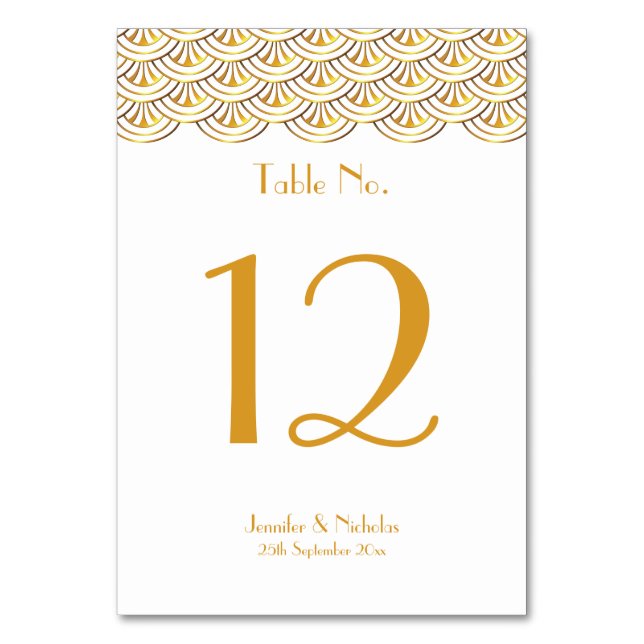 Art Deco Fans White & Gold Wedding Tischnummer (Vorderseite)