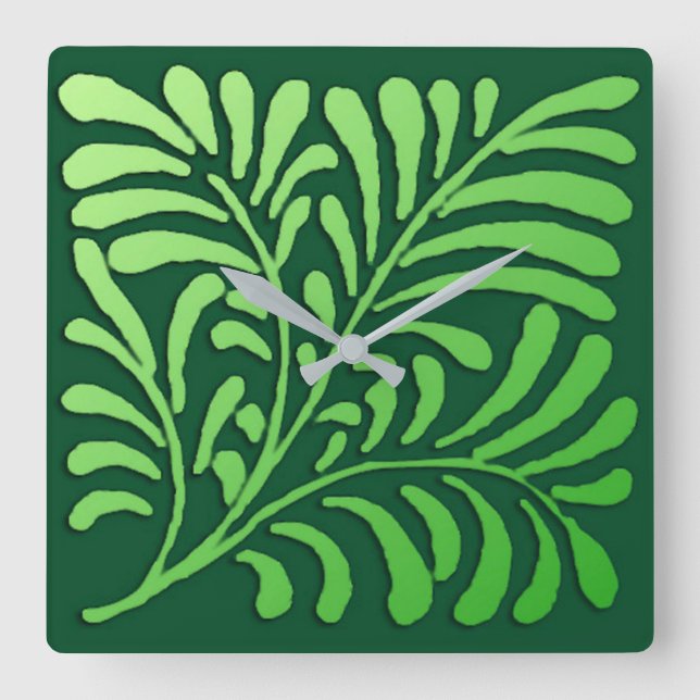 Art Deco Farnmuster - Farbtöne von Grün Quadratische Wanduhr (Vorderseite)