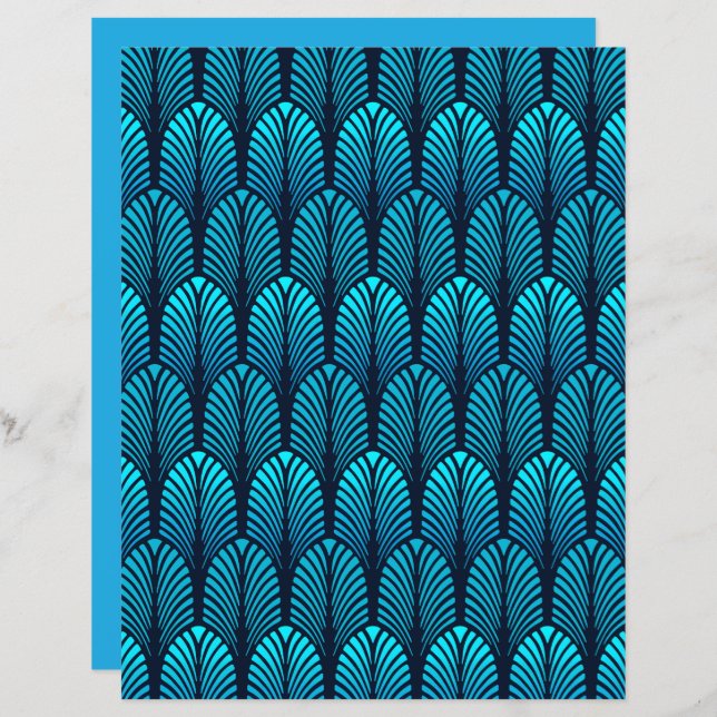 Art Deco Feather Pattern, Cerulean Blue (Vorne/Hinten)