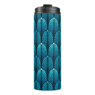 Art Deco Feather Pattern, Cerulean Blue Thermosbecher