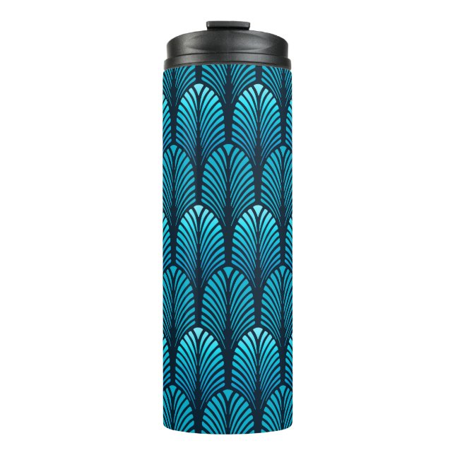 Art Deco Feather Pattern, Cerulean Blue Thermosbecher (Vorderseite)