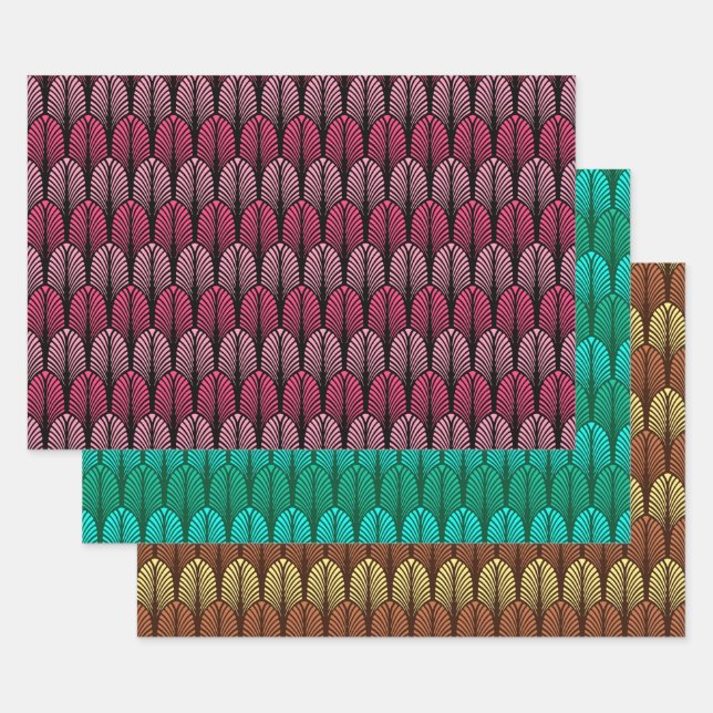 Art Deco Feather Pattern, Fuchsia, Aqua & Brown Geschenkpapier Set (Set)