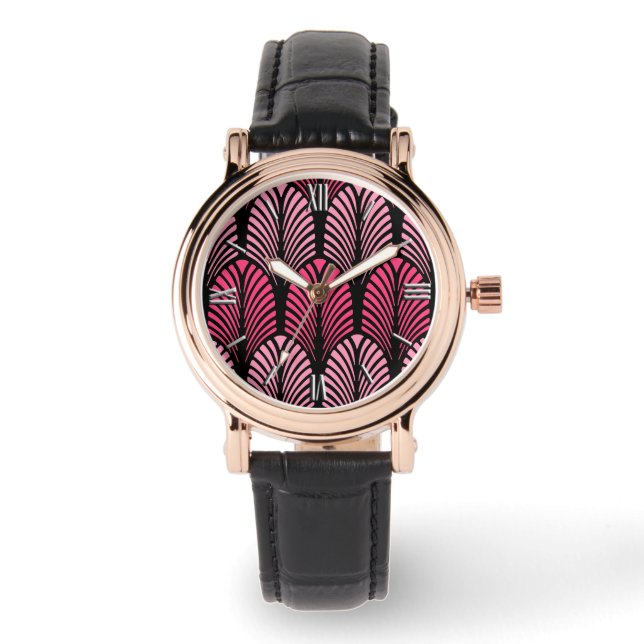 Art Deco Feather Pattern, Fuchsia Pink und Black Armbanduhr (Vorderseite)