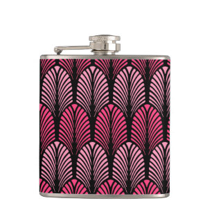 Art Deco Feather Pattern, Fuchsia Pink und Black Flachmann