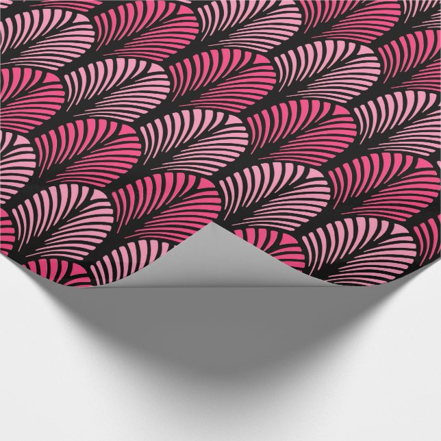 Art Deco Feather Pattern, Fuchsia Pink und Black Geschenkpapier (Ecke)