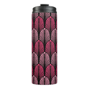 Art Deco Feather Pattern, Fuchsia Pink und Black Thermosbecher