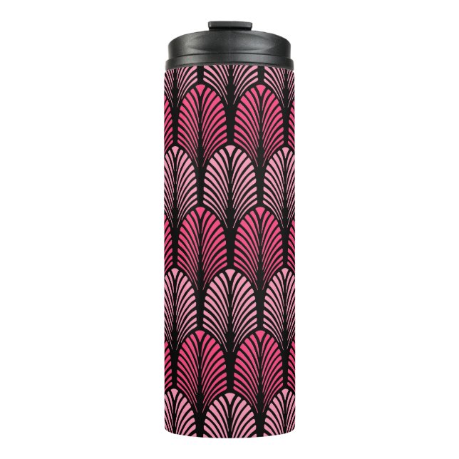 Art Deco Feather Pattern, Fuchsia Pink und Black Thermosbecher (Vorderseite)