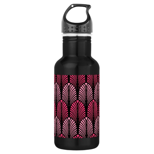Art Deco Feather Pattern, Fuchsia Pink und Black Trinkflasche (Vorderseite)