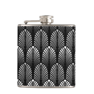 Art Deco Feather Pattern, Silver Grau und Black Flachmann