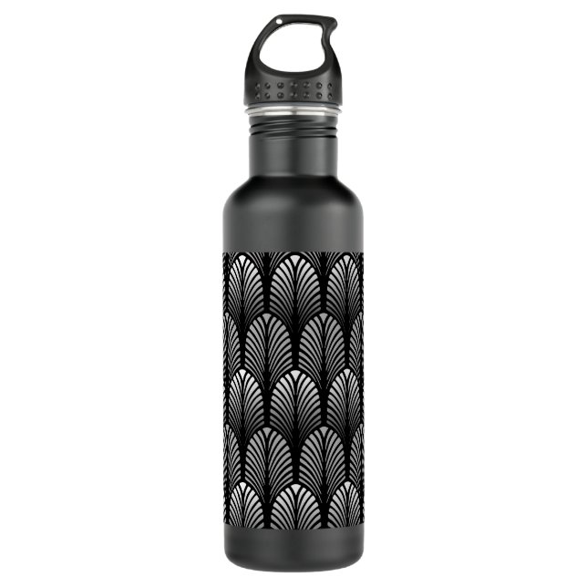 Art Deco Feather Pattern, Silver Grau und Black Trinkflasche (Vorderseite)
