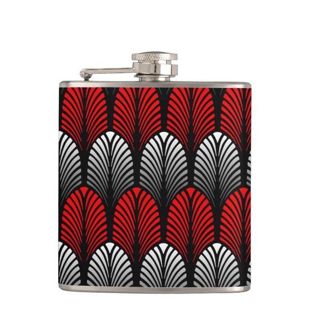 Art Deco Feather Pattern, Silver Grau und Rot Flachmann (Vorderseite)