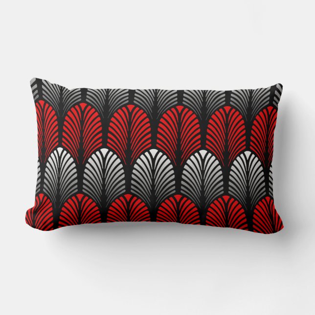 Art Deco Feather Pattern, Silver Grau und Rot Lendenkissen (Vorderseite)