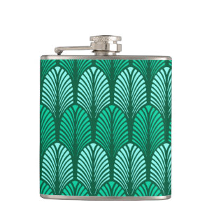 Art Deco Feather Pattern, Türkis und Aqua Flachmann