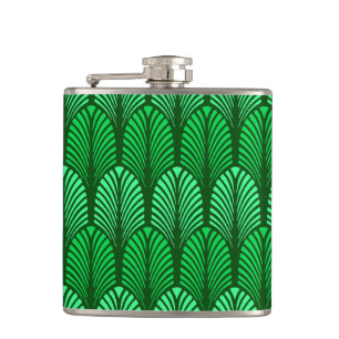 Art Deco-Feder-Muster, Smaragdgrün Flachmann