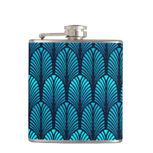 Art Deco-Feder-Muster, Türkis und Navy Flachmann
