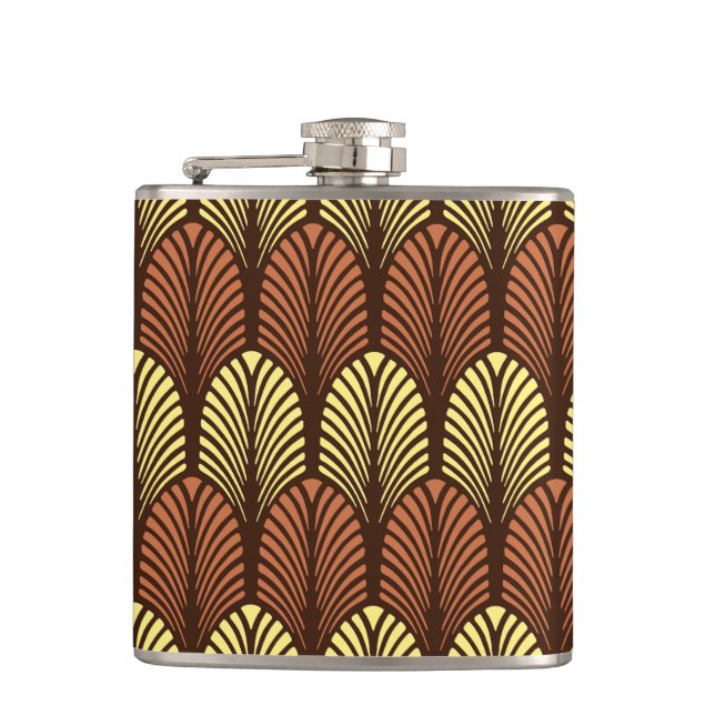 Art Deco Federmuster, Dunkelbraun und Rost Flachmann (Vorderseite)