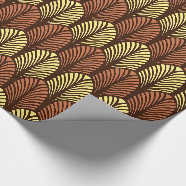 Art Deco Federmuster, Dunkelbraun und Rost Geschenkpapier (Ecke)