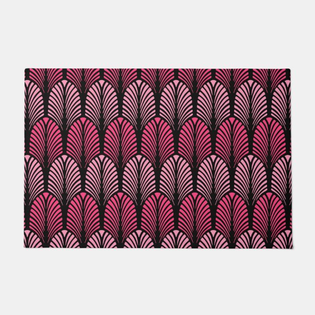 Art Deco Federmuster, Fuchsia Pink und Schwarz Fußmatte (Vorderseite)