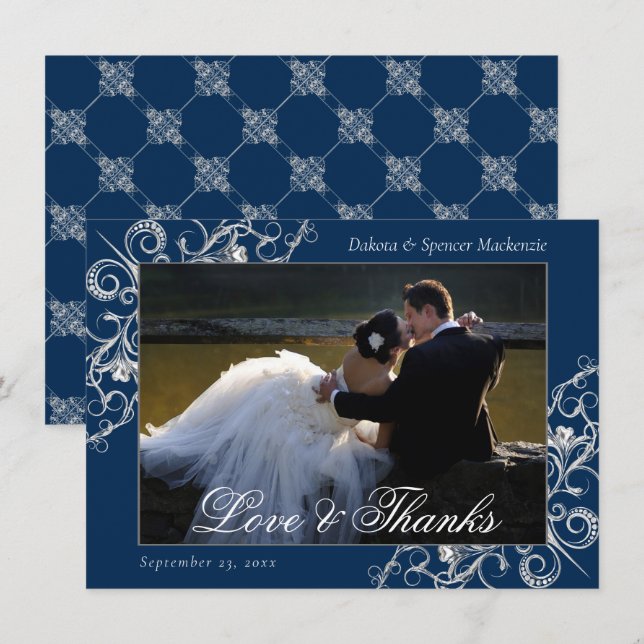 Art Deco Filigree | Navy Silver Foto Liebe und Dankeskarte (Vorne/Hinten)