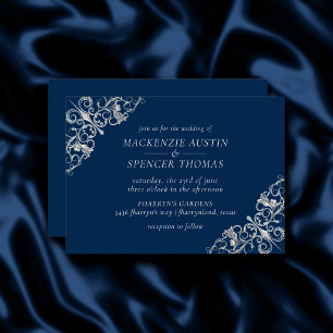 Art Deco Filigree   Silver Gray Navy Blue Wedding Einladung