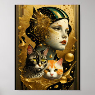 Art Déco Fille et chats