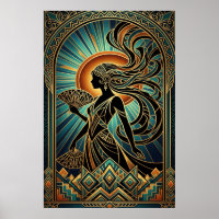 Art Deco Flapper-Frau-Porträt Gold Türkis Poster