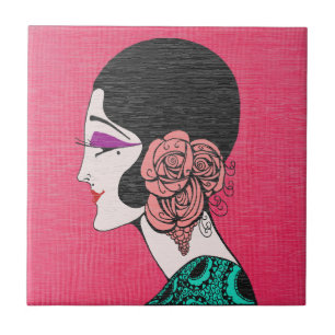 Art Deco Flapper Girl mit Rosen Keramikfliese