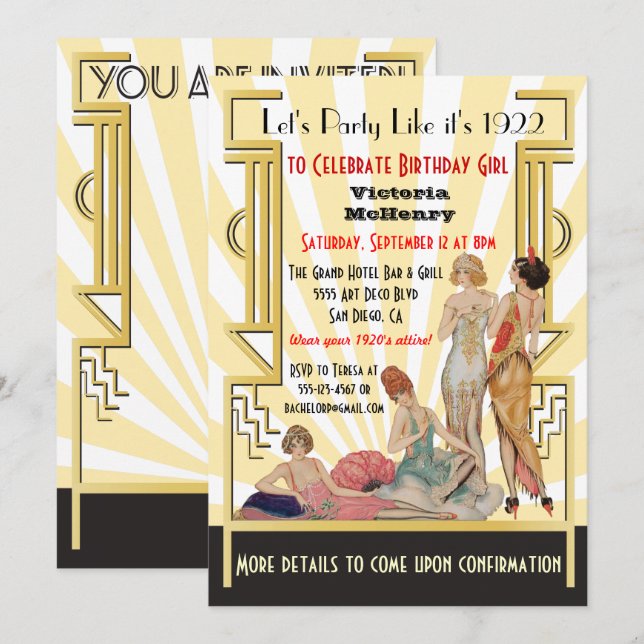 Art Deco Flapper Girl-Party Einladungen (Vorne/Hinten)